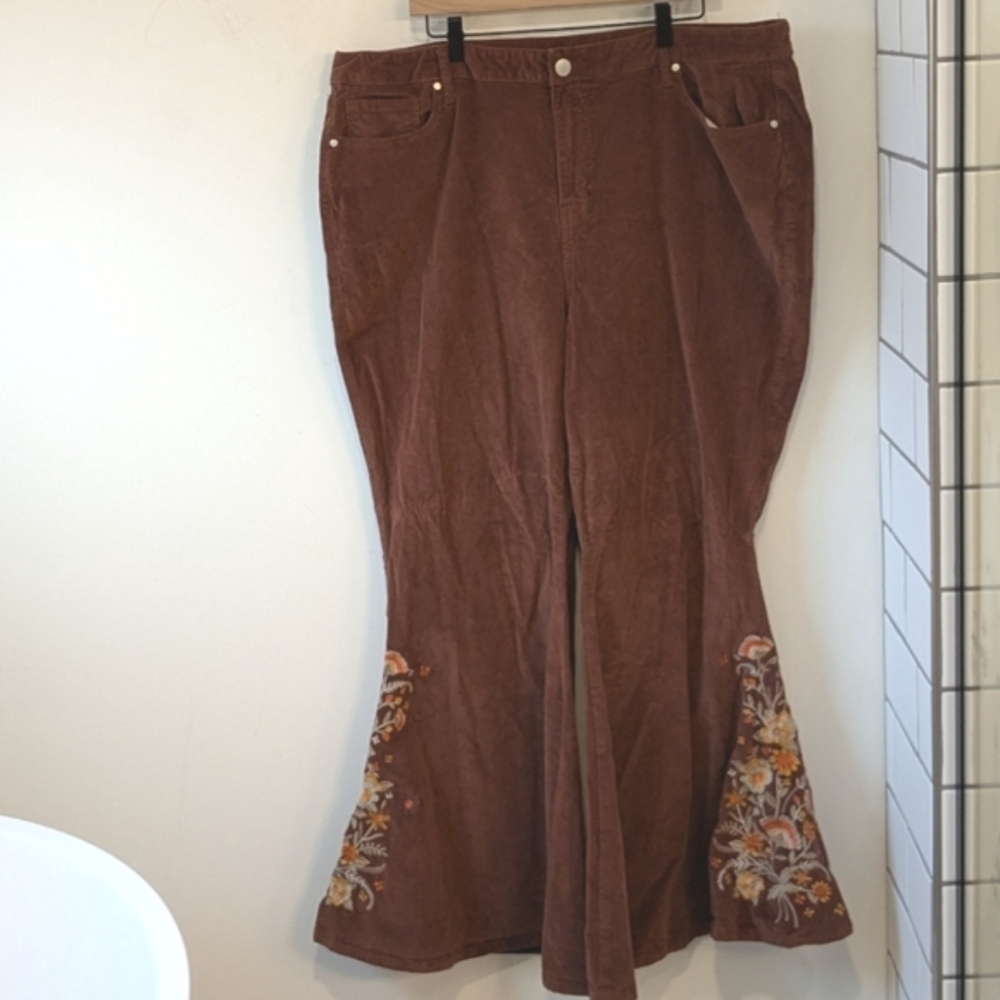 ARULA Brown Flare Pants with Embroidered Hem